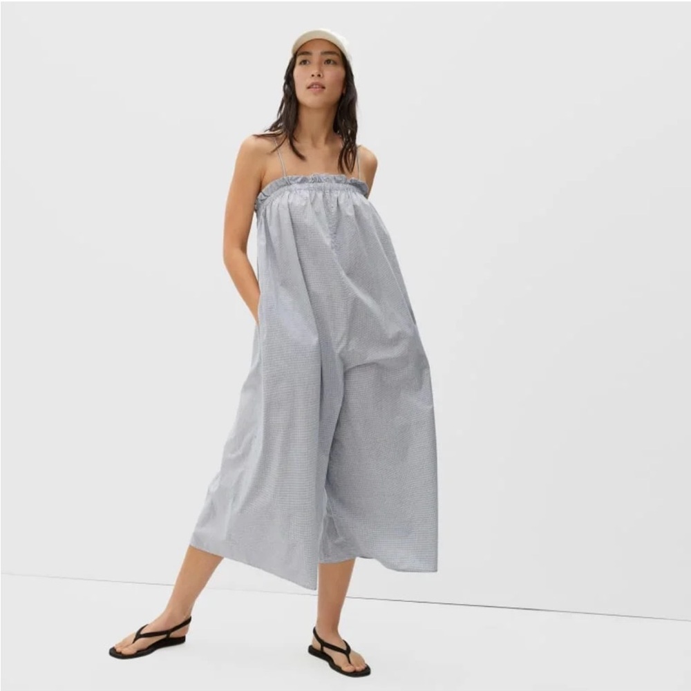 Everlane The Flowy Gingham Strappy Wide-Leg Jumpsuit - Blue & White, Small